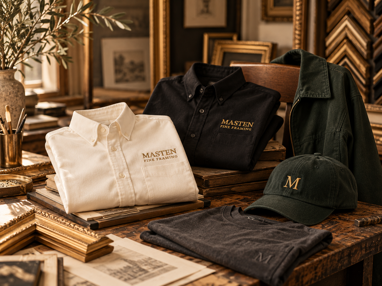 Masten apparel collection, shirts, jacket and embroidered cap arranged in a framing atelier